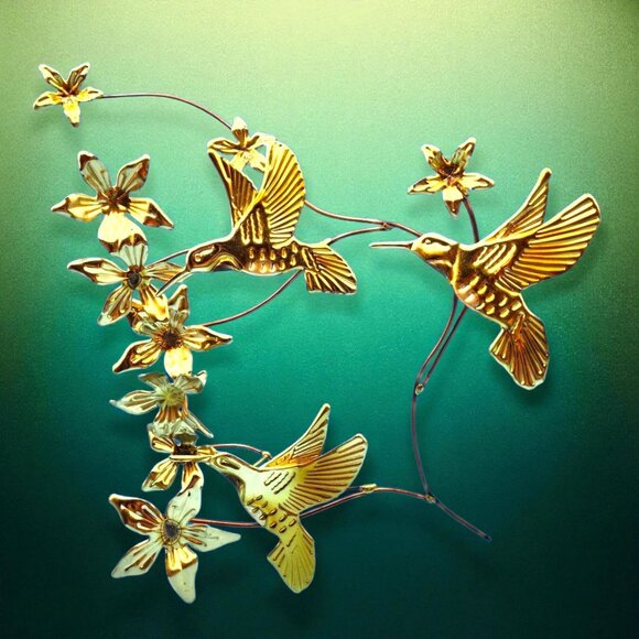 Vintage Mid Century Brass Hummingbird Wall Art Copper Floral Metal Sculpture - Picture 12 of 12